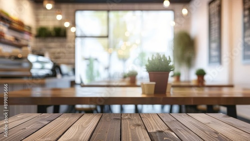 Wooden Tabletop in a blurred Cozy Cafe, for display or montage your products