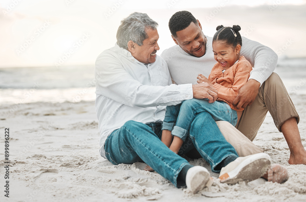 Happy, father and grandfather with child on beach for travel vacation, family bonding and destination together. Smile, senior man and dad with girl relax for love, care or support on holiday morning Happy, father and grandfather with child on beach for travel vacation, family bonding and destination together. Smile, senior man and dad with girl relax for love, care or support on holiday morning