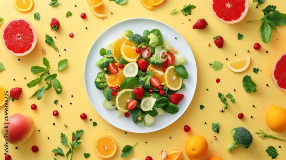 A vibrant salad composed of fresh fruits and vegetables, beautifully arranged on a white plate against a yellow background. The bright colors and healthy ingredients highlight the joy of eating fresh A vibrant salad composed of fresh fruits and vegetables, beautifully arranged on a white plate against a yellow background. The bright colors and healthy ingredients highlight the joy of eating fresh