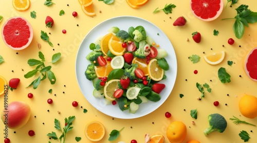 A vibrant salad composed of fresh fruits and vegetables, beautifully arranged on a white plate against a yellow background. The bright colors and healthy ingredients highlight the joy of eating fresh