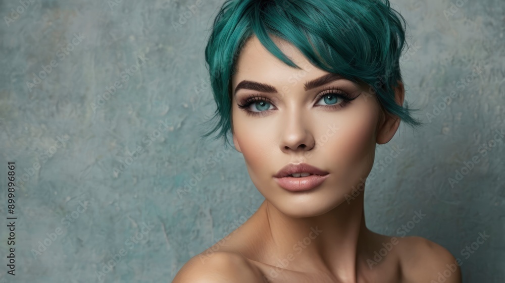 Teal-haired beauty model with flawless skin and hottes makeup, spa and skincare Teal-haired beauty model with flawless skin and hottes makeup, spa and skincare