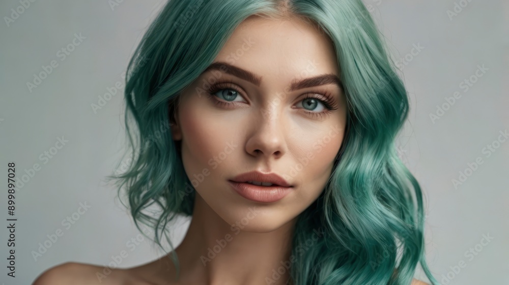 Naklejka premium Teal-haired woman with perfect skin, natural makeup, spa and skincare, close-up