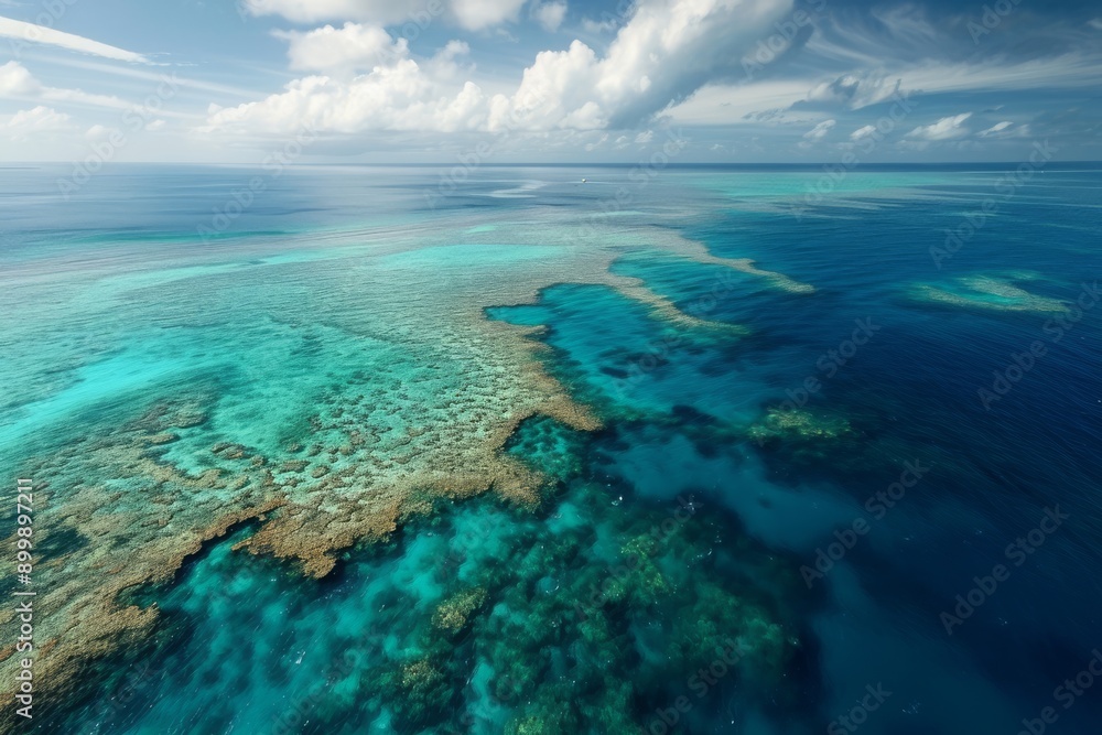 This photo shows an aerial view of a vibrant coral reef in the ocean, teeming with marine life and colorful coral formations, Overhead view of the Great Barrier Reef, AI Generated This photo shows an aerial view of a vibrant coral reef in the ocean, teeming with marine life and colorful coral formations, Overhead view of the Great Barrier Reef, AI Generated