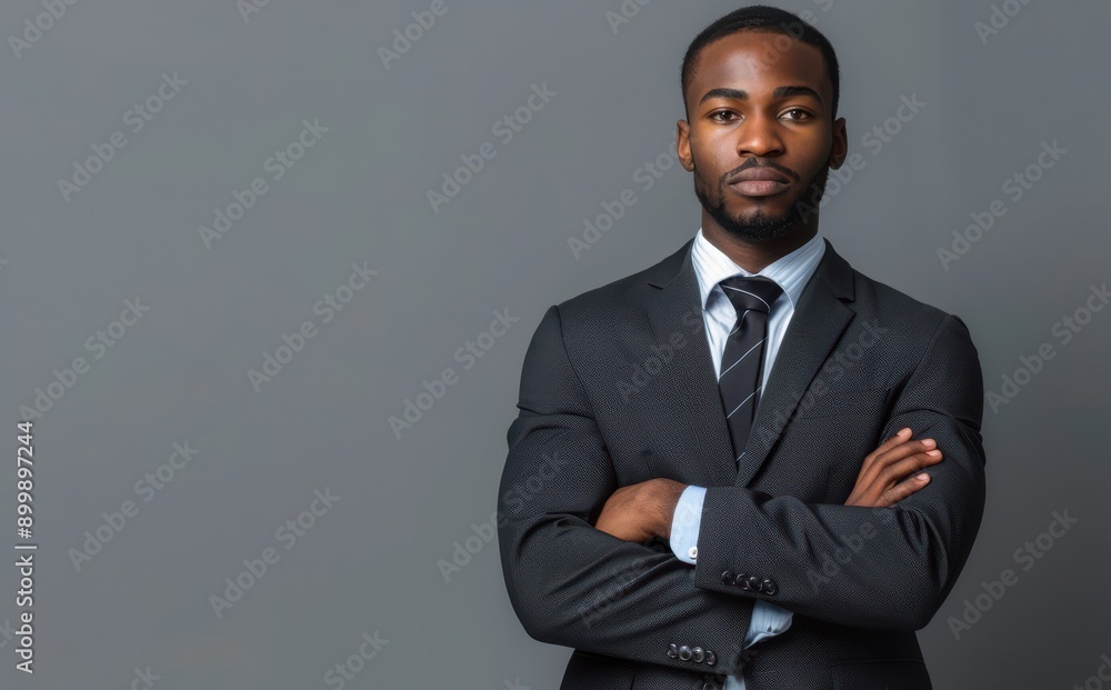 confident African American businessman standing with his arms crossed, wearing formal attire and tie confident African American businessman standing with his arms crossed, wearing formal attire and tie