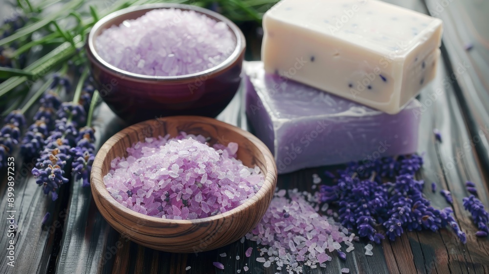 Moisturizer soap and bath salt with lavender on dark wood surface