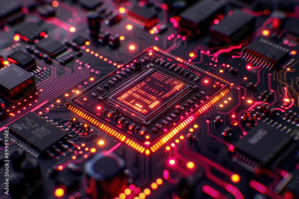 A close-up of a circuit board with glowing lights. AI. A close-up of a circuit board with glowing lights. AI.