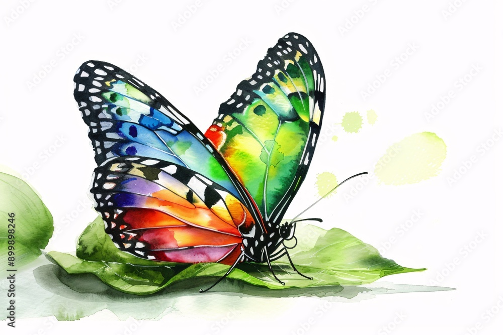 Fototapeta premium Majestic Watercolor Butterfly on Leaf - Vibrant Artistic Illustration on White Background