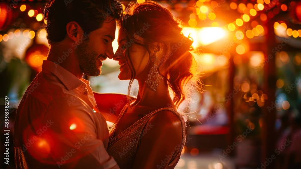 Elegant couple dancing and smiling at a sunset party Elegant couple dancing and smiling at a sunset party