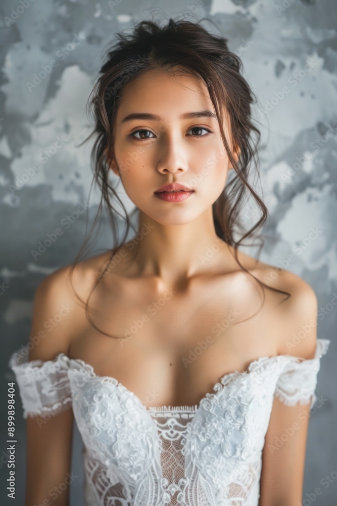 A young Asian woman with long dark hair and a white lace dress looks at the camera against the background of a wall. A young Asian woman with long dark hair and a white lace dress looks at the camera against the background of a wall.