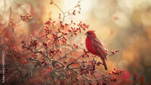 Small crimson bird on prickly branch during fall afternoon photo