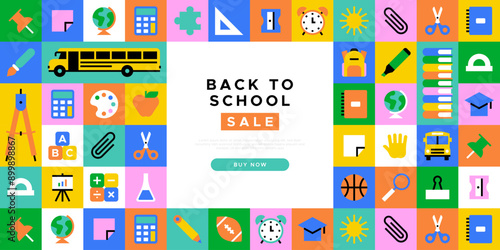 Back to school sale geometric web banner template. Modern flat education supplies cartoon icon background, fun study supply illustration. Children stationery shop, online business discount design.