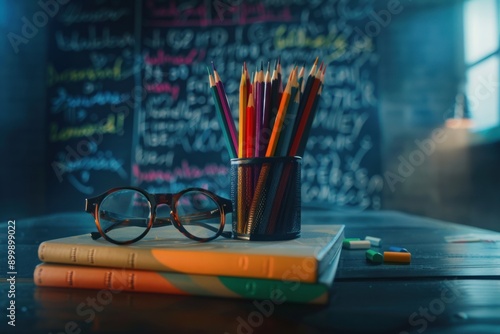 Glasses, pencil stand, book and notepad. Against the background of a school board.