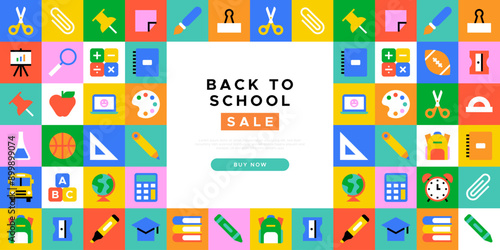 Back to school sale geometric web banner template. Modern flat education supplies cartoon icon background, fun study supply illustration. Children stationery shop, online business discount design.