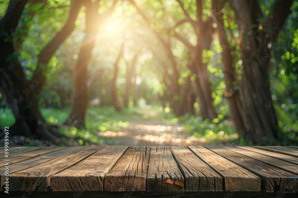 Empty Wooden Table In A Lush Green Forest, perfect for displaying products or showcasing designs Empty Wooden Table In A Lush Green Forest, perfect for displaying products or showcasing designs
