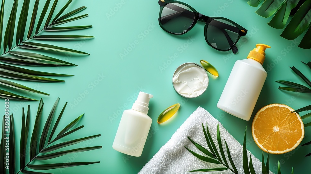Cosmetics sunscreen tube Mockup with glasses Cosmetics sunscreen tube Mockup with glasses