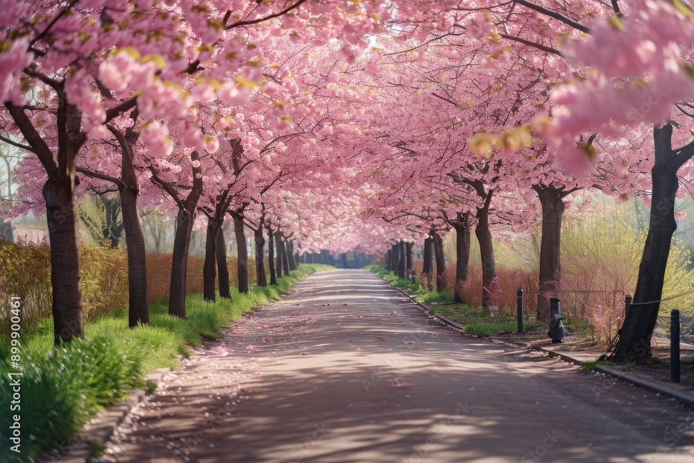 Naklejka premium A picturesque street lined with trees adorned with vibrant pink flowers, Park alley filled with cherry blossom trees, AI Generated
