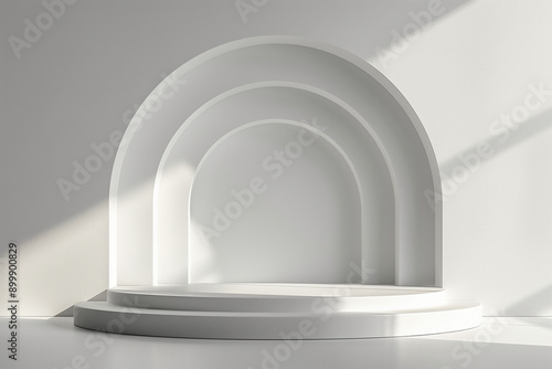 Empty podium or platform with white archway in the background