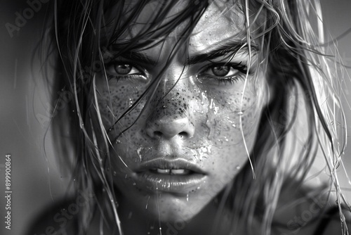 Young woman with wet freckled face staring intensely in black and white