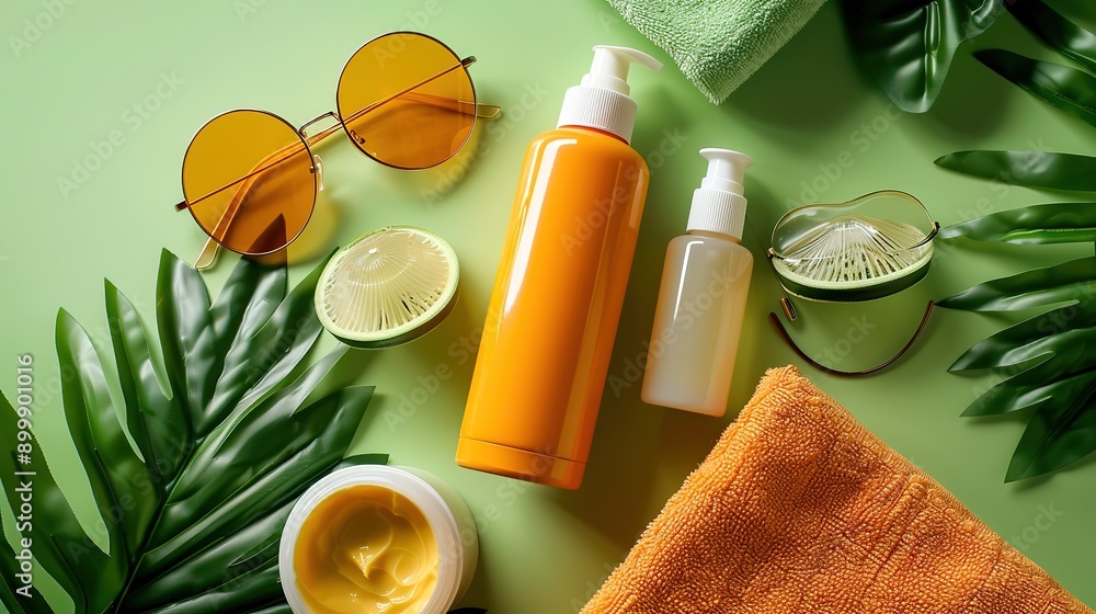 Cosmetics sunscreen tube Mockup with glasses Cosmetics sunscreen tube Mockup with glasses