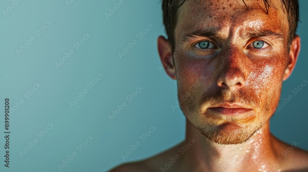 Fototapeta premium A close-up portrait of a man with sunburned skin, showcasing the intensity and rawness of sun exposure. The background adds a contrasting cool blue tone, emphasizing the redness of the sunburn.