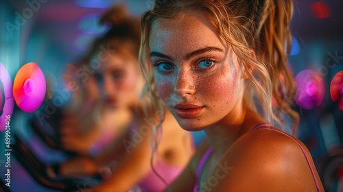 focused female cyclist in vibrant spinning class studio, colorful lights, energetic atmosphere, fitness motivation, intense workout, determined expression