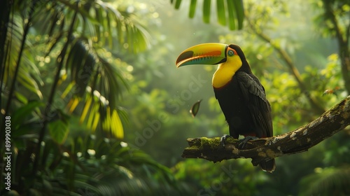 Toucan sitting on a branch, tropical bird, rainbow toucan, isolated on white background