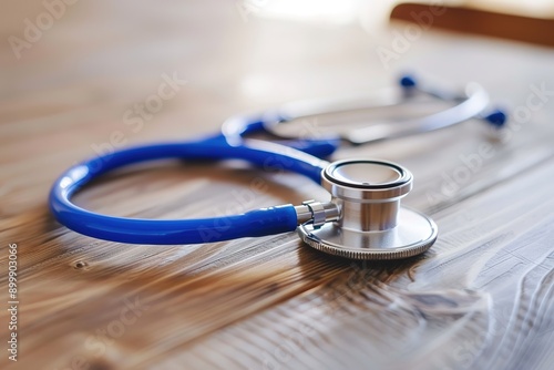 Close-Up of Stethoscope on Wooden Table photo