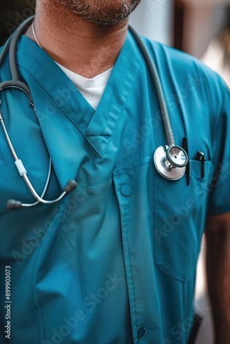 Medical Professional Wearing Blue Scrubs photo