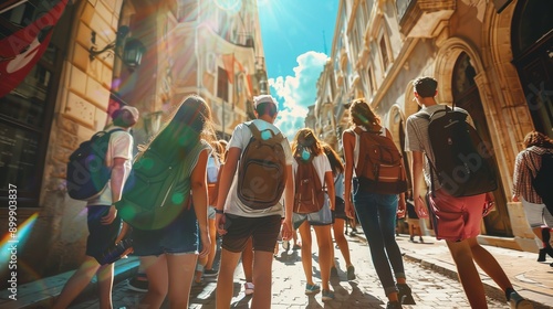 Wallpaper Mural A tour guide leads a group of tourists on a sunny day. Red flag tour guide. Student group. Ankara, Turkey - May 6, 2023 Torontodigital.ca