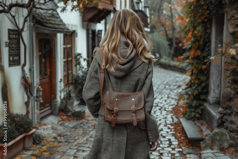Stylish woman walking down cobblestone street wearing leather bag and grey coat in autumn Stylish woman walking down cobblestone street wearing leather bag and grey coat in autumn