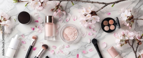 Delicate beauty products displayed with graceful cherry blossoms on marble photo