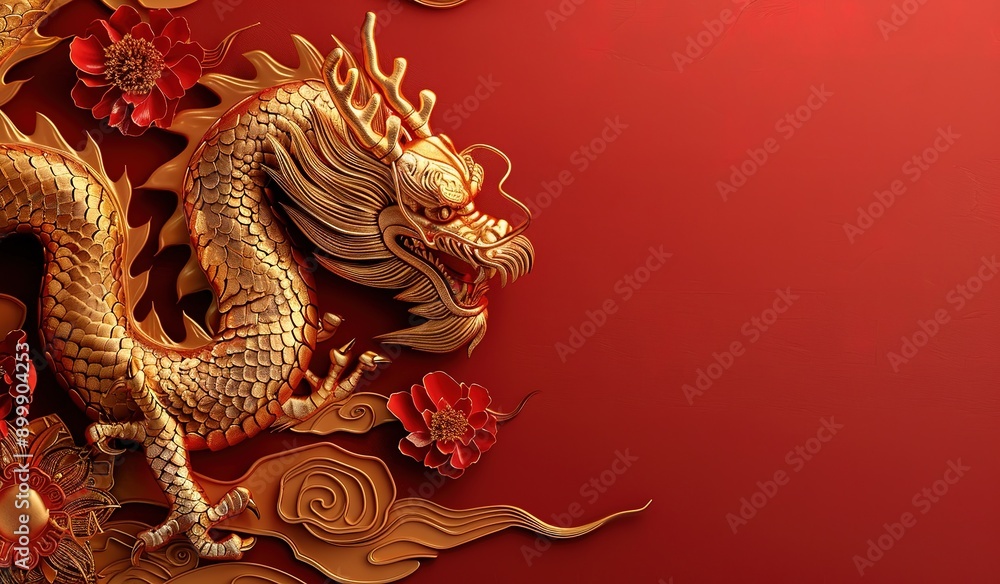 Fototapeta premium Golden Dragon on Red Background