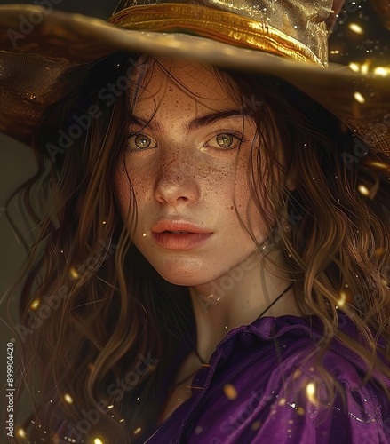 Beautiful Witch with Golden Eyes and Hat photo