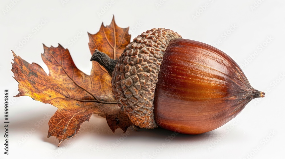 A beautiful acorn resting on autumn leaves, showcasing its rich color and texture, perfect for nature-themed projects.
