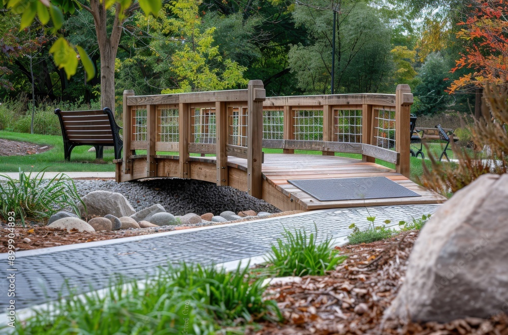 narrow rubber walkway bridge with steel frames and wooden planks over the path in the park narrow rubber walkway bridge with steel frames and wooden planks over the path in the park