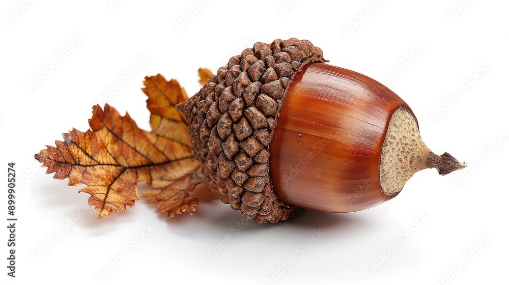 A beautiful acorn with leaves, showcasing nature's detail in autumn. Perfect for seasonal themes and ecological imagery.