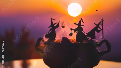 Silhouette Witches with Cauldron at Sunset background photo