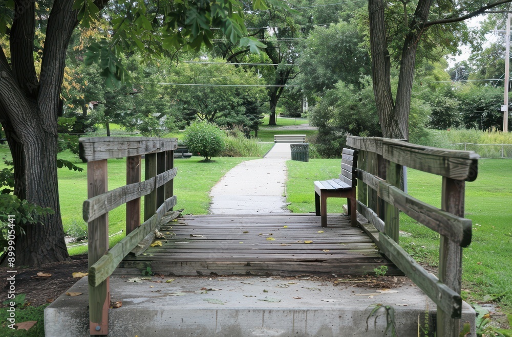 narrow rubber walkway bridge with steel frames and wooden planks over the path in the park narrow rubber walkway bridge with steel frames and wooden planks over the path in the park