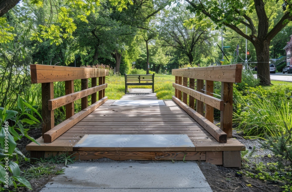 narrow rubber walkway bridge with steel frames and wooden planks over the path in the park narrow rubber walkway bridge with steel frames and wooden planks over the path in the park