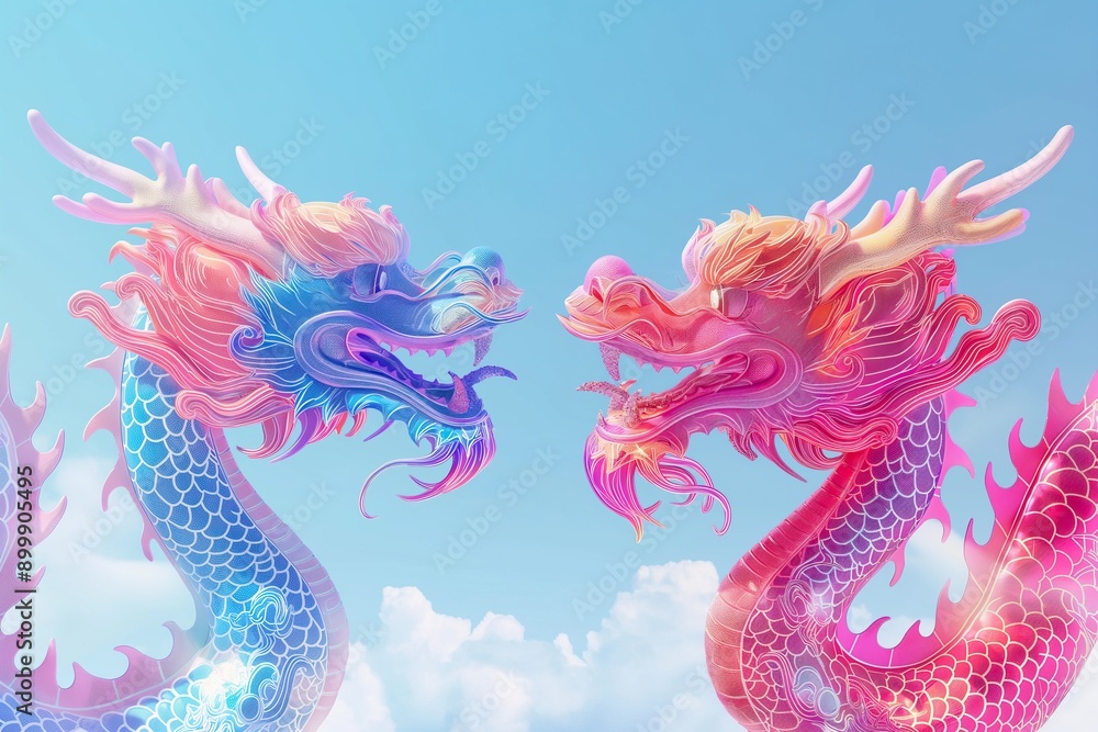 Three chinese dragons on blue sky background. Three chinese dragons on blue sky background.