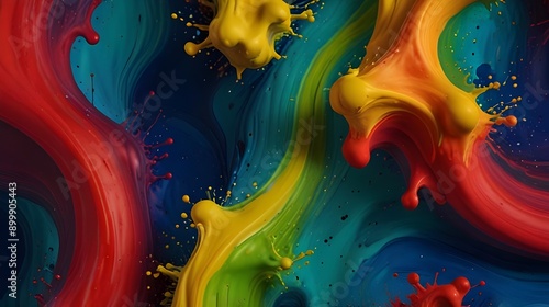 Color liquid ink splash abstract background rainbow art. Rainbow splash collage mix flow drip. Fluid wave color yellow, red, green, blue isolated. Liquid ink palette motion