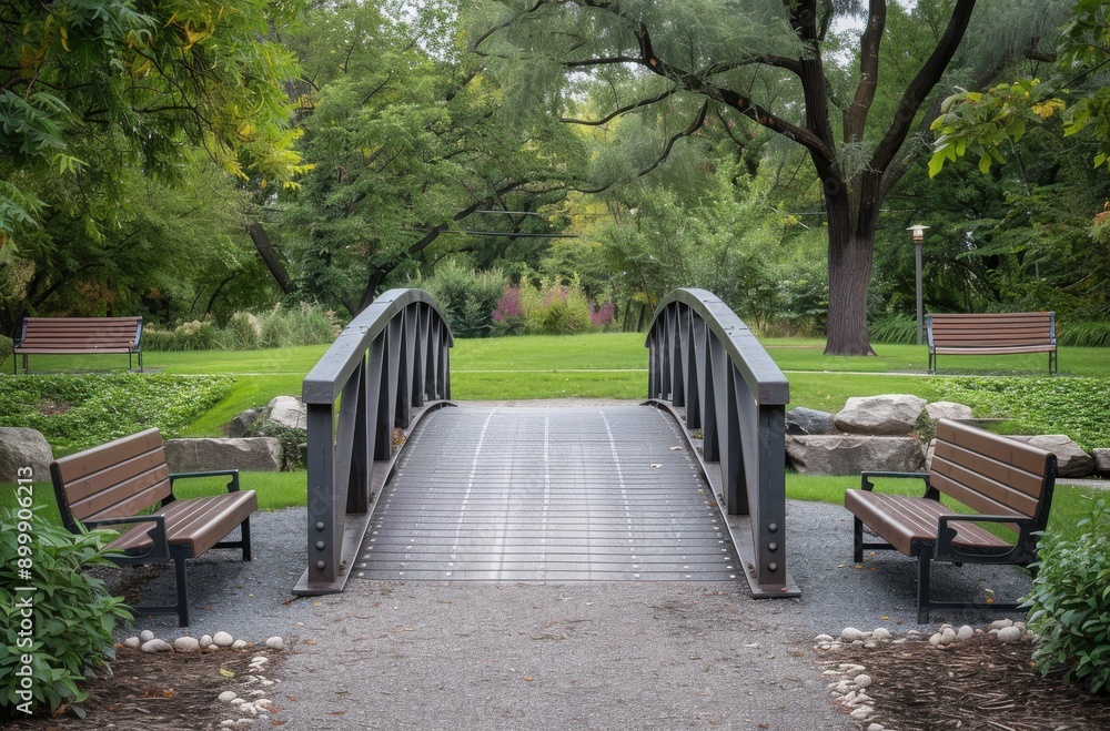 narrow rubber walkway bridge with steel frames and wooden planks over the path in the park narrow rubber walkway bridge with steel frames and wooden planks over the path in the park