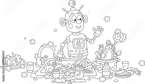 Household chores, a funny toy robot going to wash dishes, pans, forks and spoons in a kitchen sink after a holiday dinner at home, black and white vector illustration for a coloring book