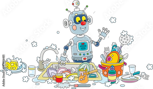 Household chores, a funny toy robot going to wash dishes, pans, forks and spoons in a kitchen sink after a holiday dinner at home, vector cartoon illustration isolated on a white background