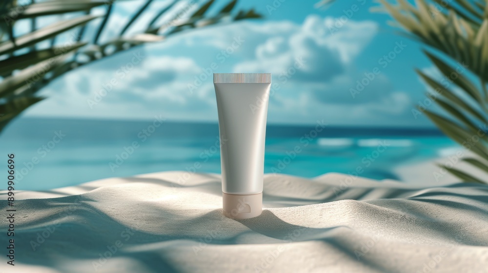 A sunscreen tube stands upright on a sandy beach with a tropical ocean backdrop. The bright and inviting scene captures the essence of summer, ideal for promoting sun protection products and beach A sunscreen tube stands upright on a sandy beach with a tropical ocean backdrop. The bright and inviting scene captures the essence of summer, ideal for promoting sun protection products and beach