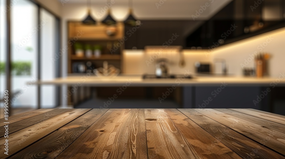 Wooden Tabletop with Blurred Kitchen Background, perfect for displaying products or showcasing recipes Wooden Tabletop with Blurred Kitchen Background, perfect for displaying products or showcasing recipes
