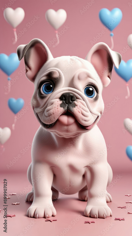 Birthday party invitation card template with a Cute baby bulldog puppy, hearts and stars on pink background. Birthday party invitation card template with a Cute baby bulldog puppy, hearts and stars on pink background.