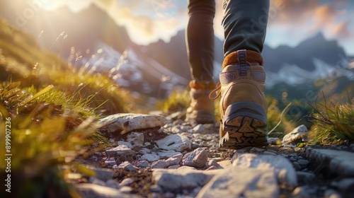 Close-up of hiker's boots walking on a mountain trail with a scenic mountain view in the background.