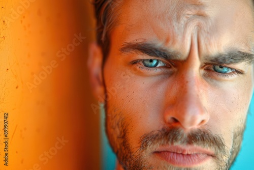 Close-up portrait of a serious man with striking blue eyes and a strong facial expression against a colorful background.