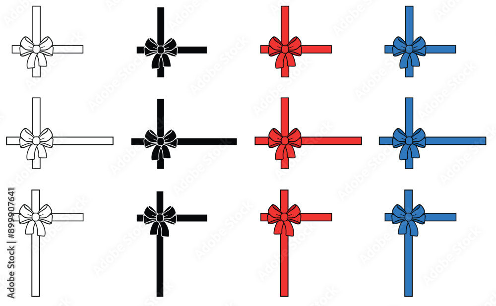 Fototapeta premium Gift Bow and Ribbon Cross Frame Overlay Template Clipart Set - Outline, Silhouette and Color with Transparent Background